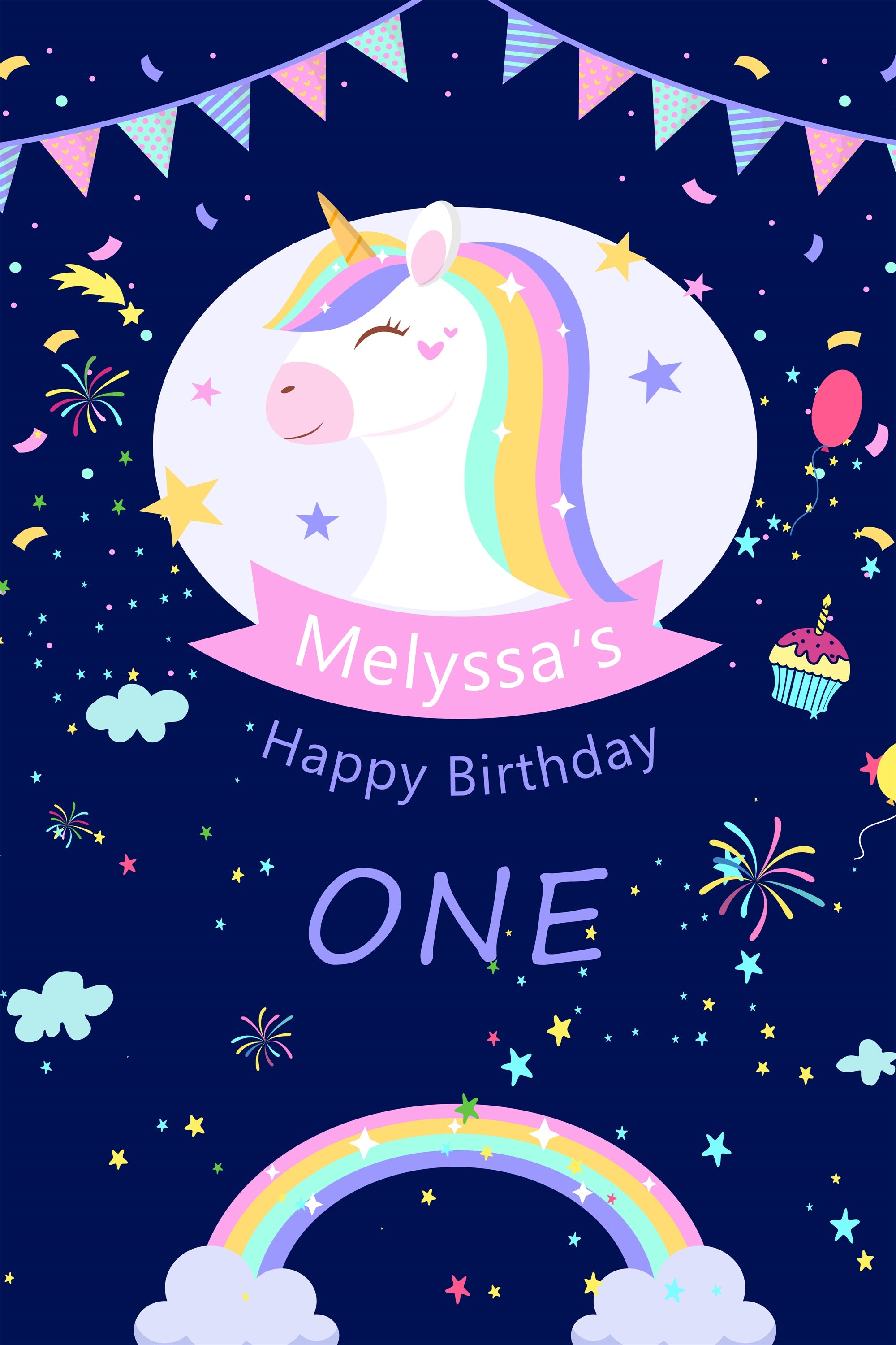 Personalised 1st Birthday Backdrop Rainbow Sparkle Unicorn Backdrop BRP2-113