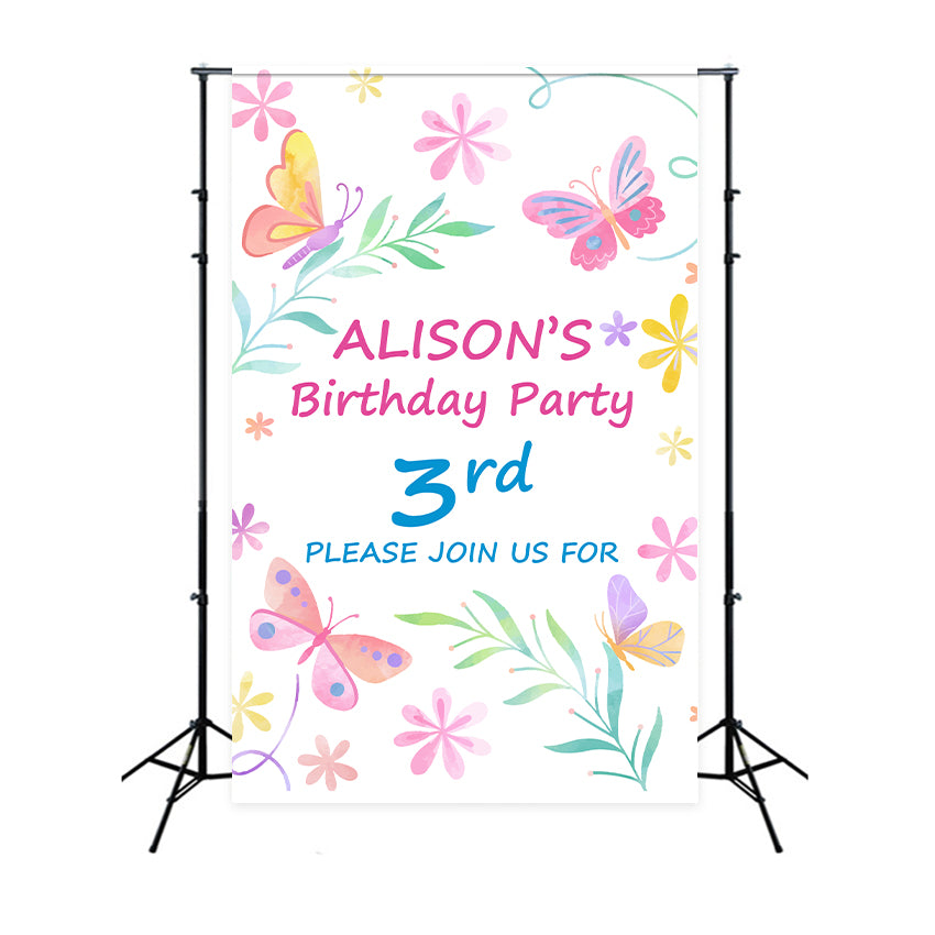 Customized Backdrop For Birthday 3rd Watercolor Butterfly Garden Backdrop BRP2-116