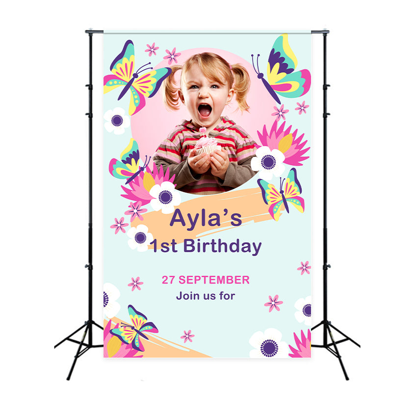 Personalised Backdrop For Birthday Floral Butterfly 1st Backdrop BRP2-121