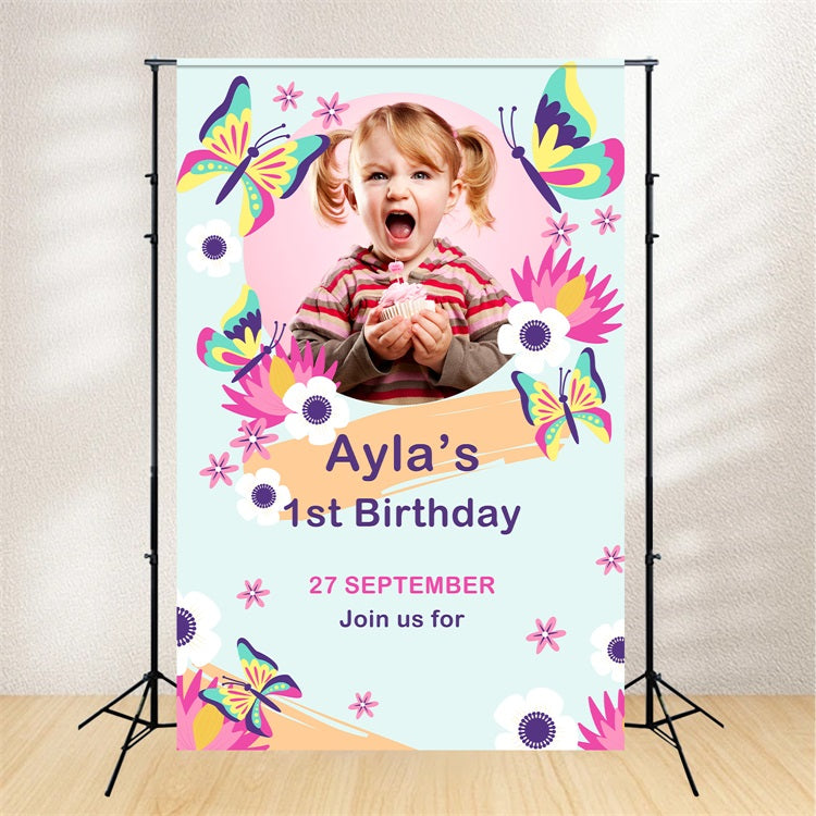 Personalised Backdrop For Birthday Floral Butterfly 1st Backdrop BRP2-121