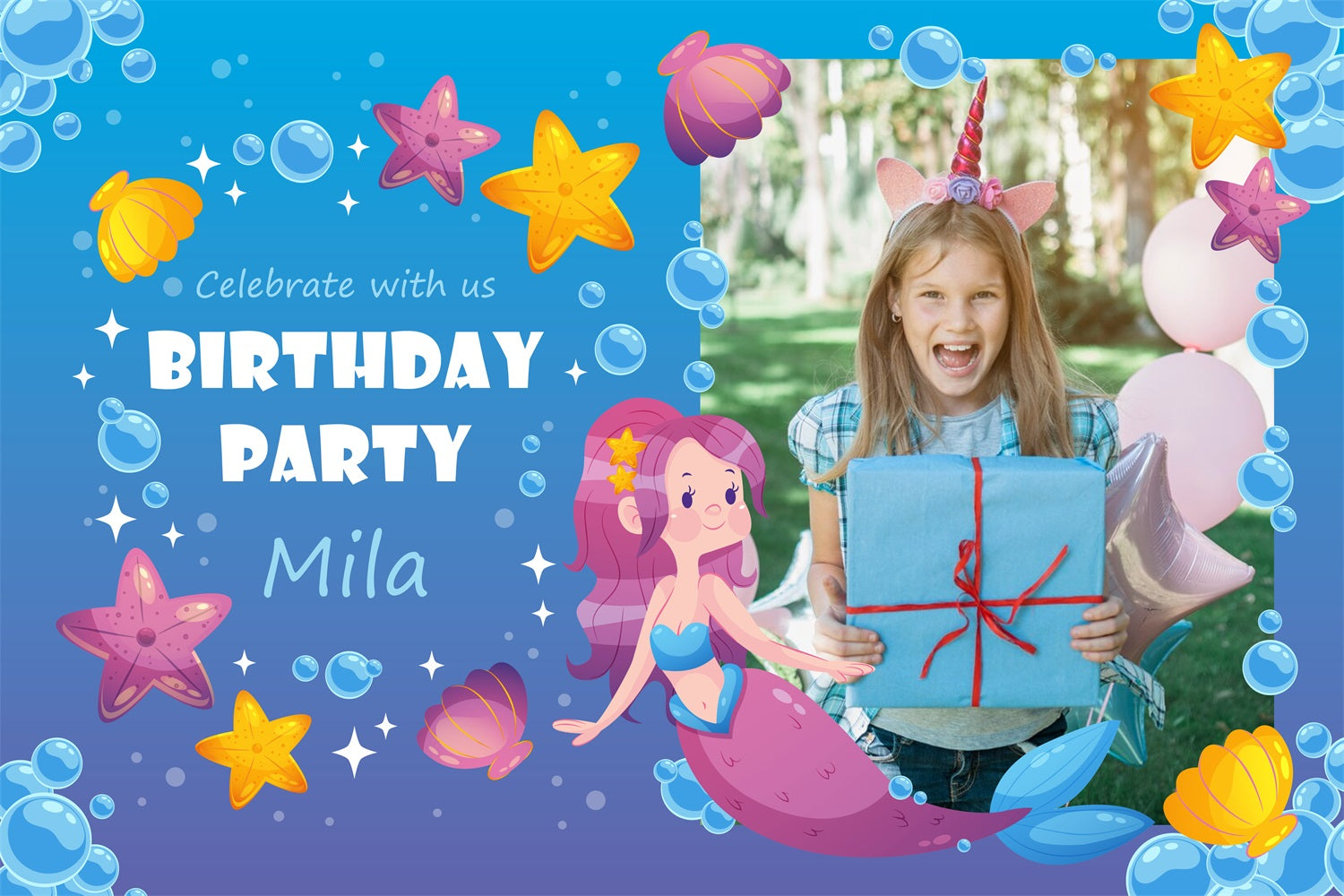 Personalised Birthday Backdrops Under the Sea Mermaid Party Backdrop BRP2-123