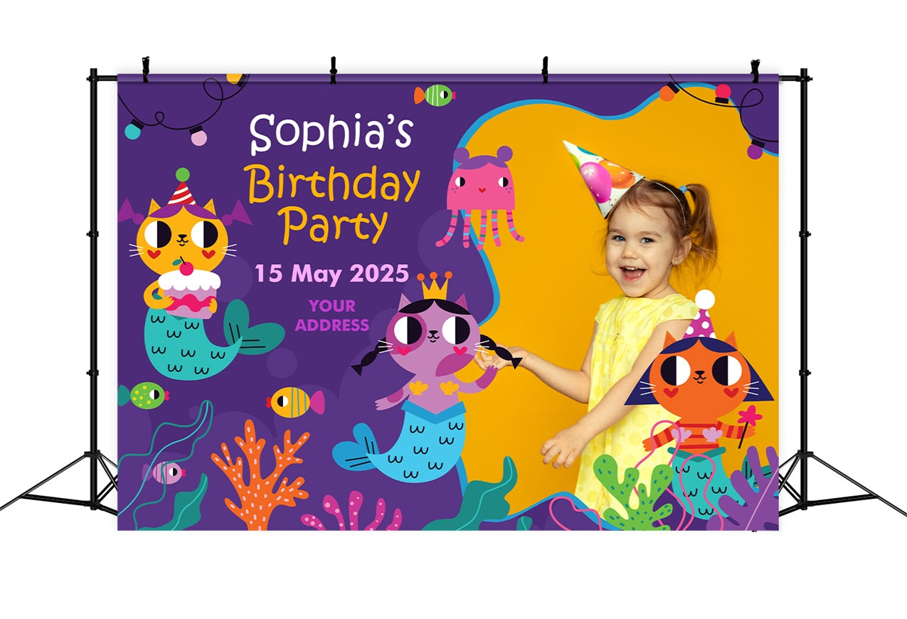 Birthday Backdrop Custom Cartoon Cat Mermaid Backdrop BRP2-124