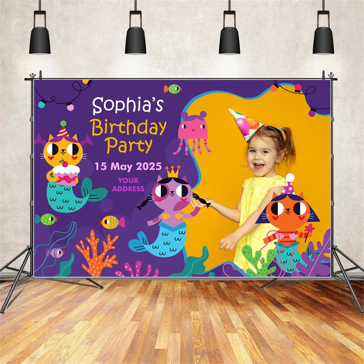 Birthday Backdrop Custom Cartoon Cat Mermaid Backdrop BRP2-124