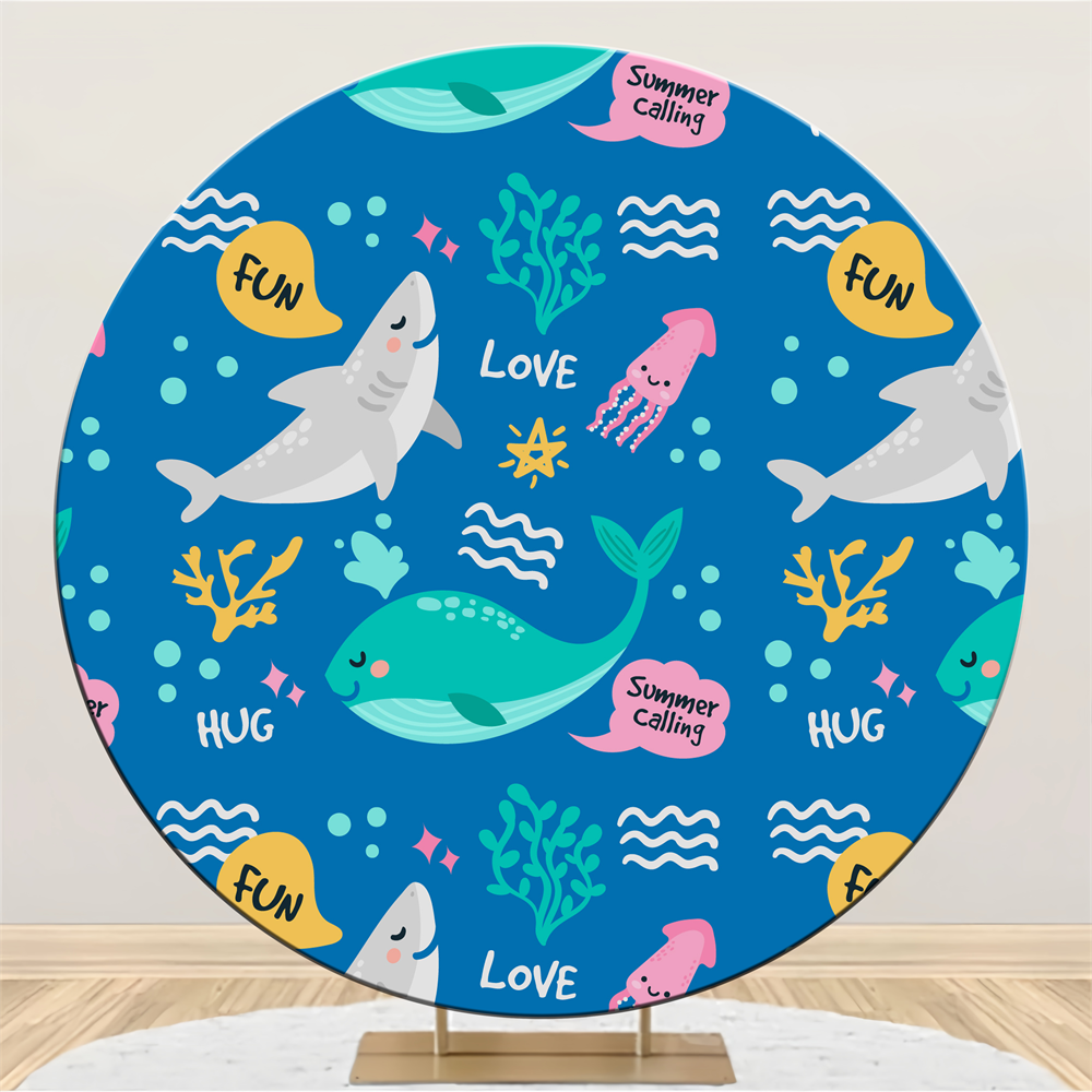 Personalized Birthday Backdrops Summer Shark Whale Round Backdrop BRP2-127