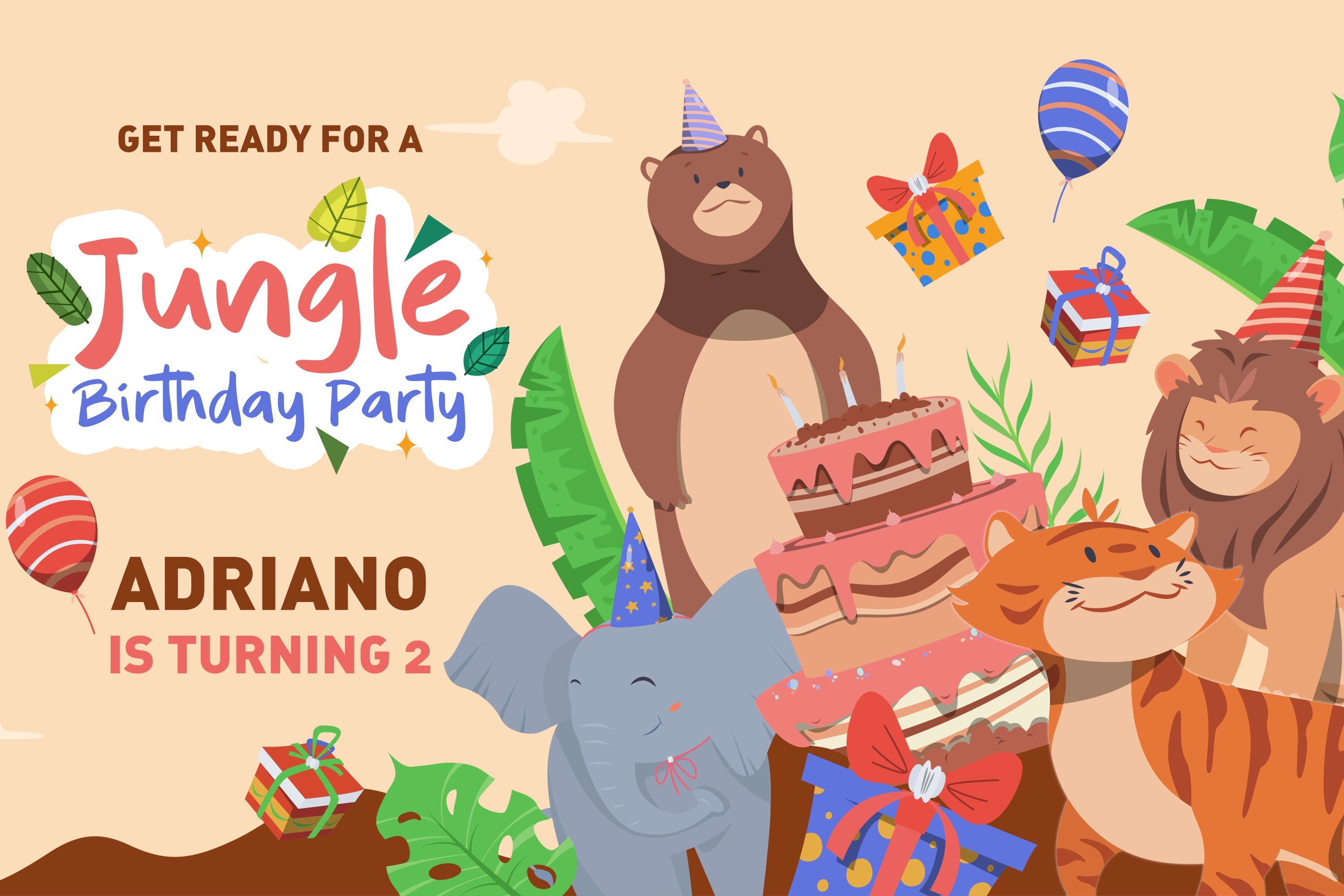 Customized Birthday Backdrop 2nd Jungle Party Animal Friends Backdrop BRP2-134