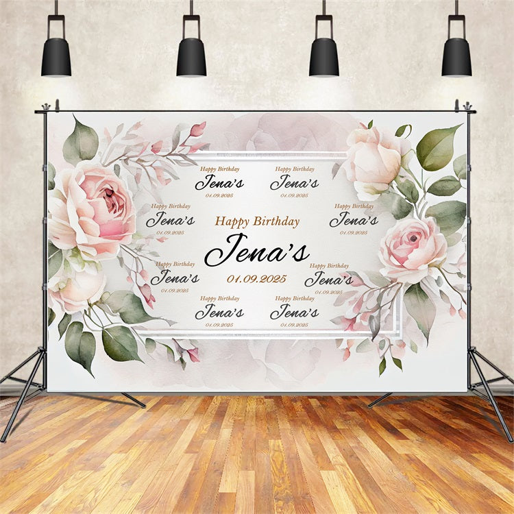 Personalized Birthday Photo Backdrop Pink Flower Party Backdrop BRP2-147