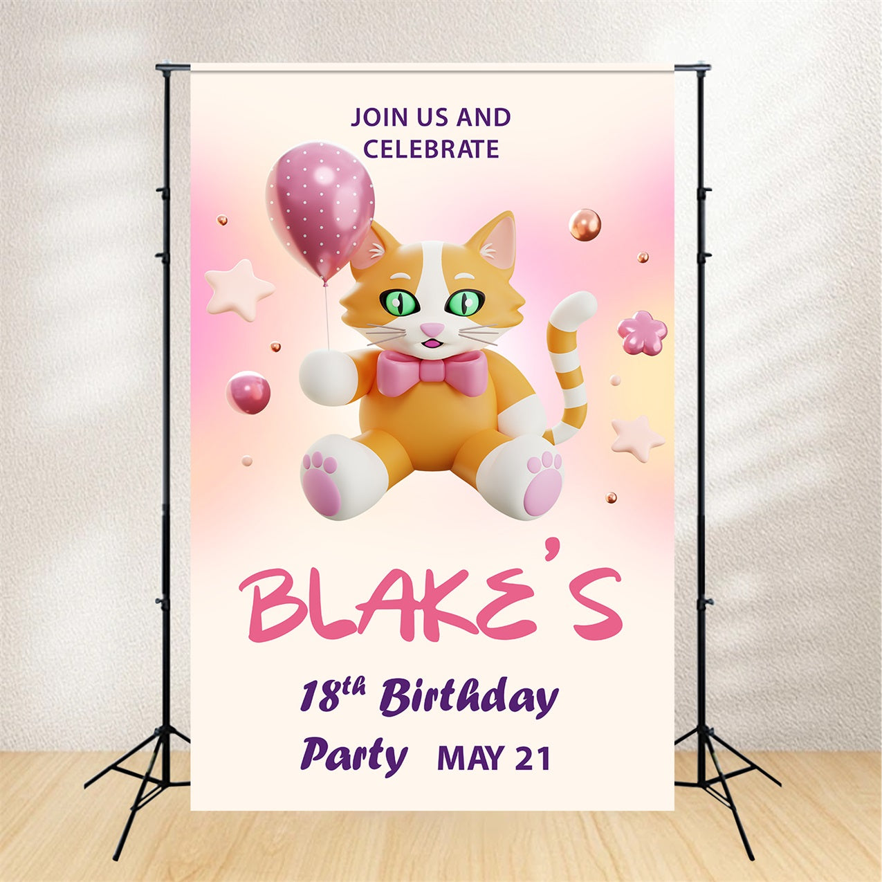 Customized Birthday Backdrop Cat Balloon 18th Backdrop BRP2-170