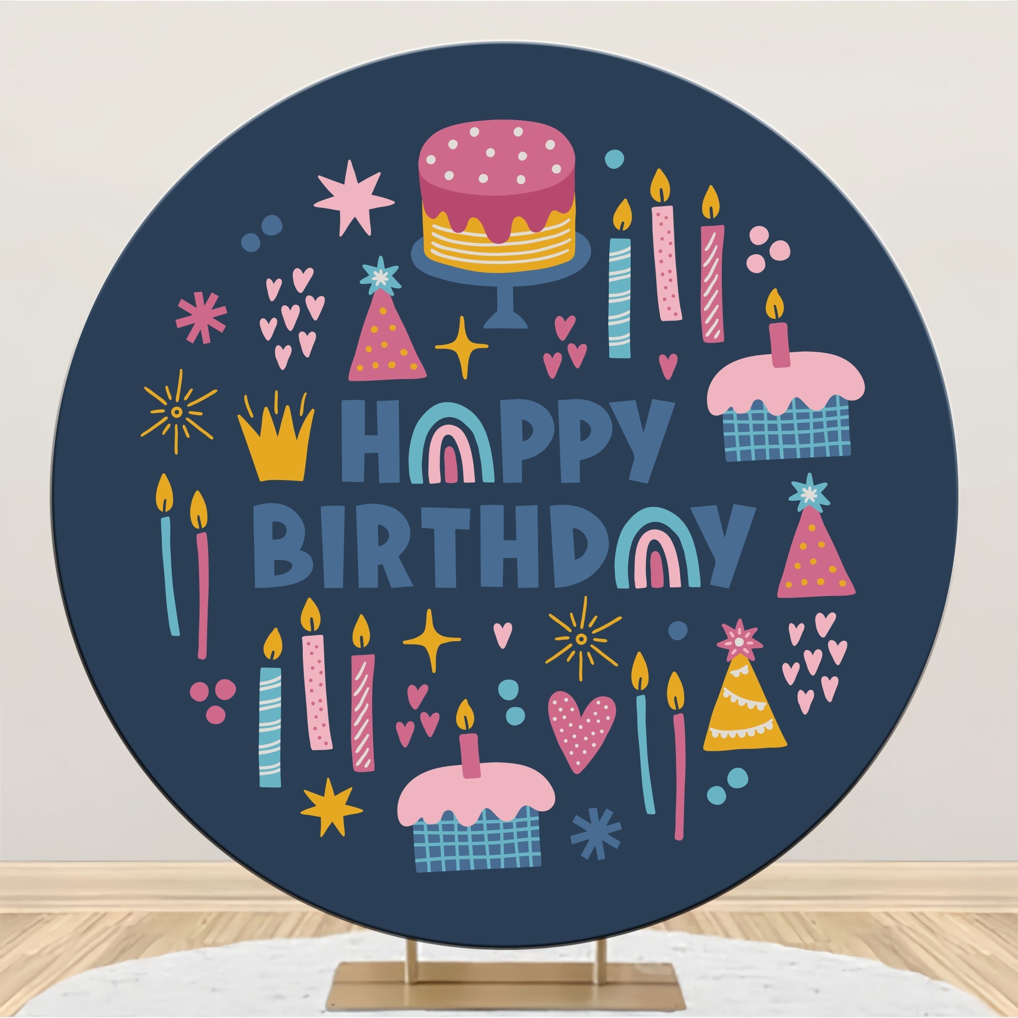 Personalized Backdrop Birthday Colorful Candles Cake Round Backdrop BRP2-186