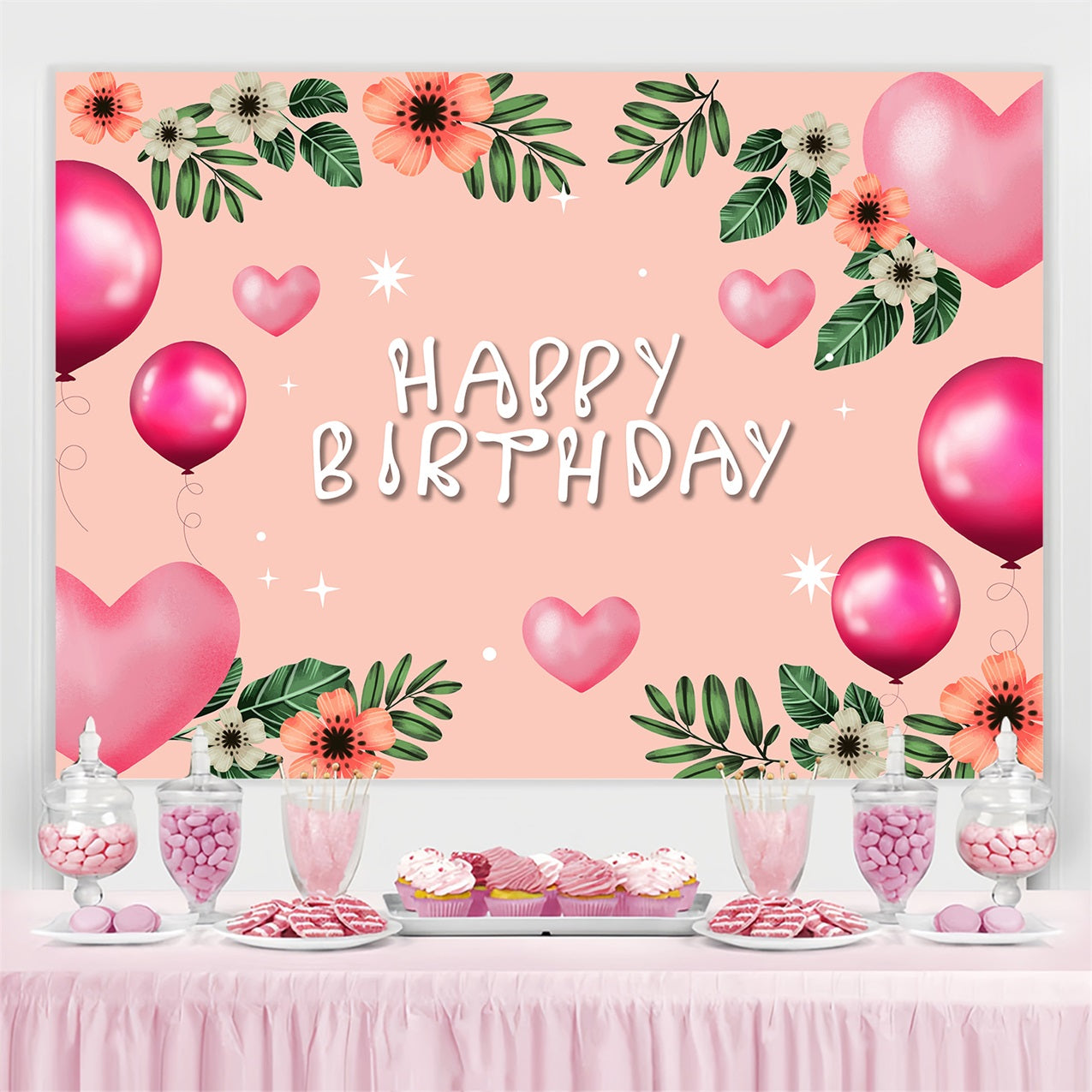 Customized Birthday Backdrop Blush Floral Balloon Backdrop BRP2-217