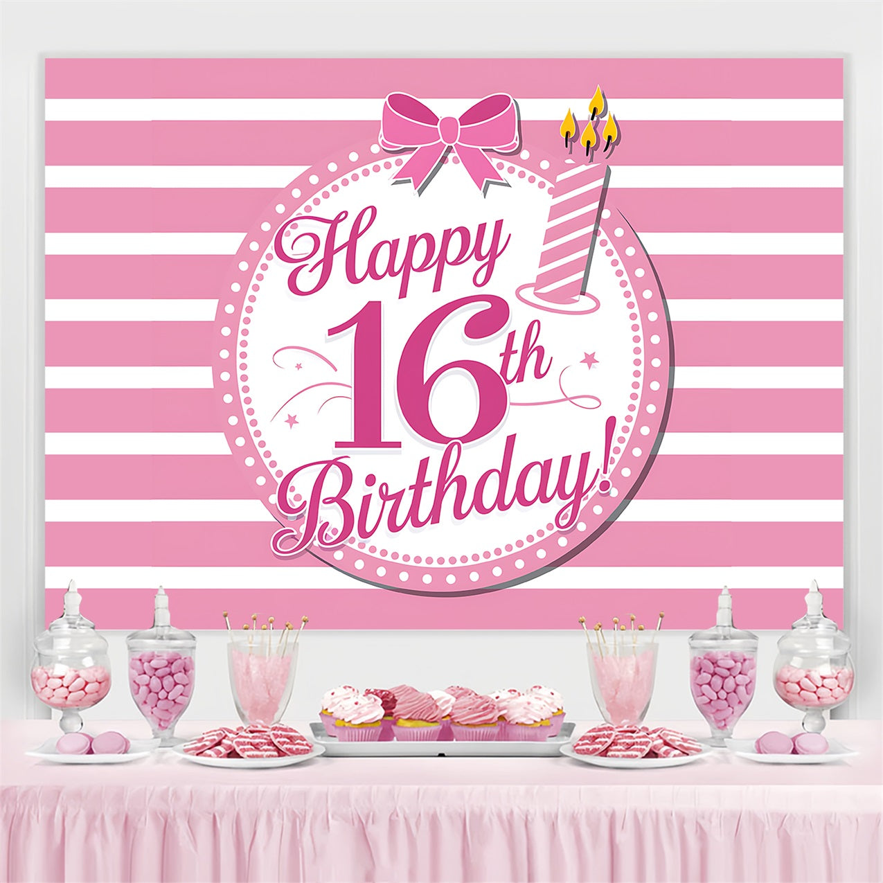 Birthday Backdrop Personalized Sweet 16 Pink Stripes Backdrop BRP2-225