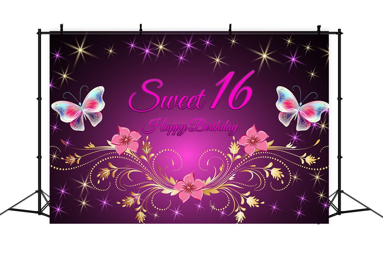 Custom Backdrop Birthday Purple Gold Floral Sweet 16 Backdrop BRP2-226