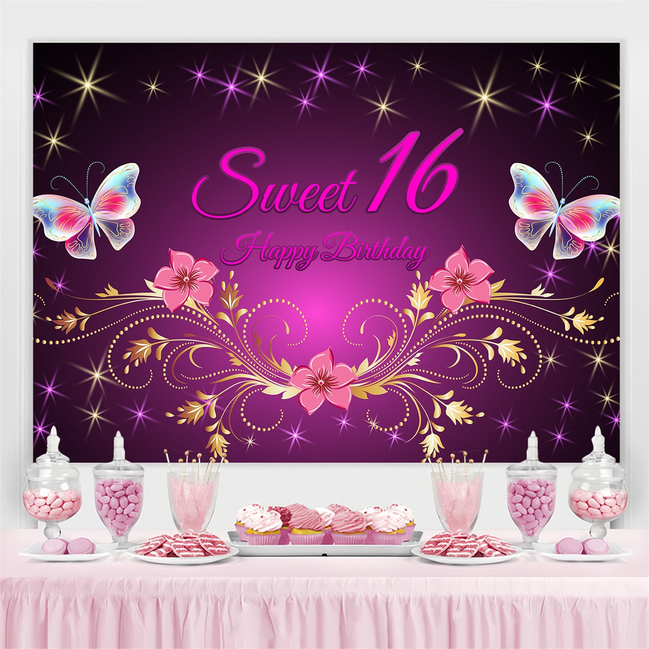 Custom Backdrop Birthday Purple Gold Floral Sweet 16 Backdrop BRP2-226