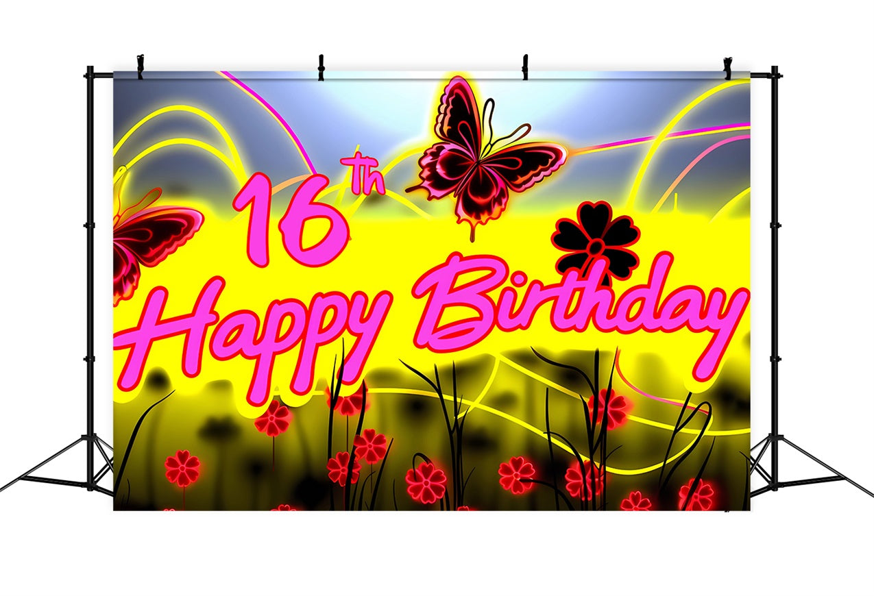 Birthday Backdrop Custom Neon Glow Butterfly 16th Backdrop BRP2-227