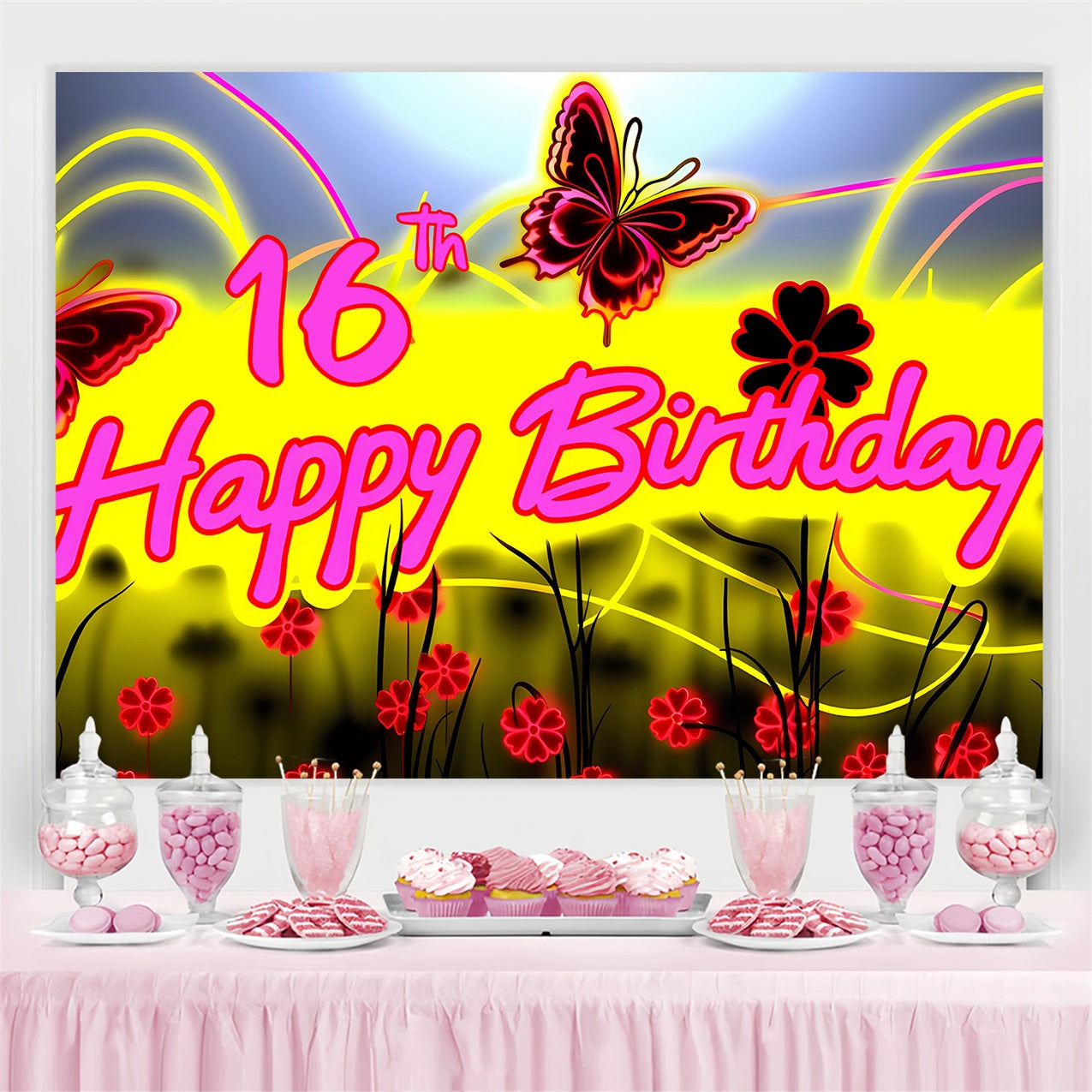 Birthday Backdrop Custom Neon Glow Butterfly 16th Backdrop BRP2-227