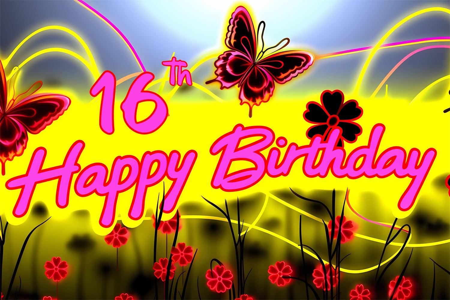 Birthday Backdrop Custom Neon Glow Butterfly 16th Backdrop BRP2-227