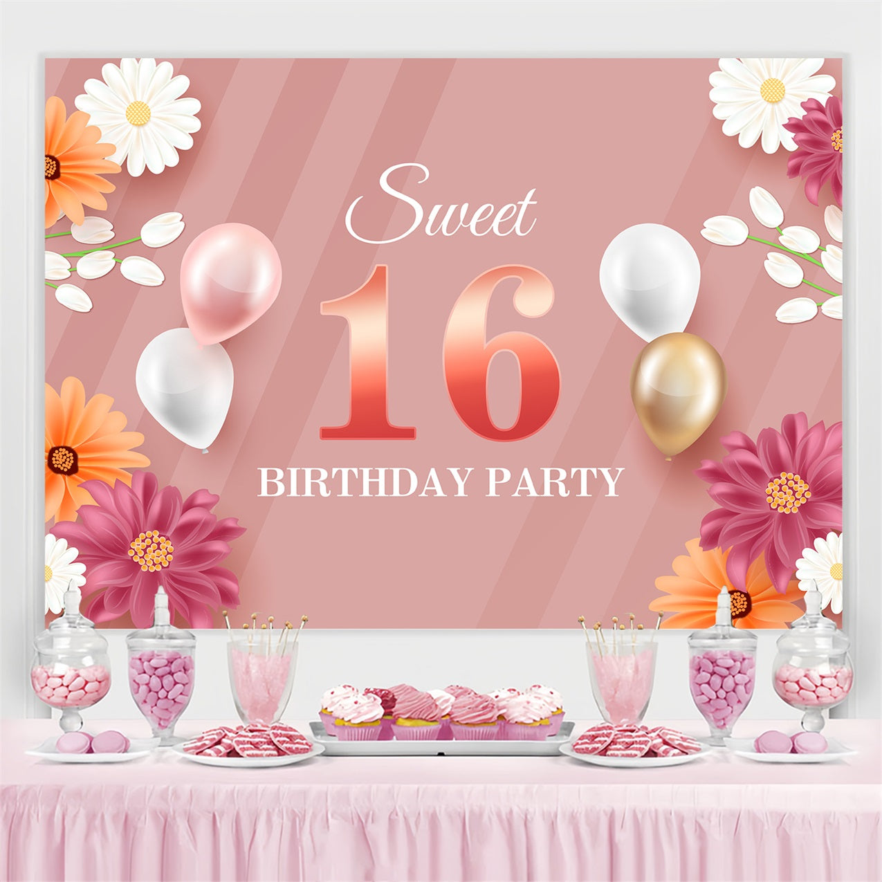 Personalised Backdrop Birthday Floral Sweet 16 Balloon Backdrop BRP2-228