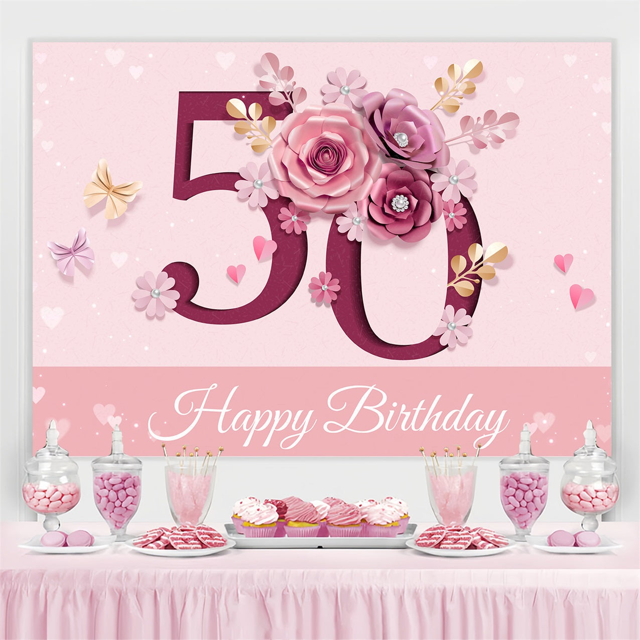 Personalized 50th Birthday Backdrop Floral Celebration Backdrop BRP2-233