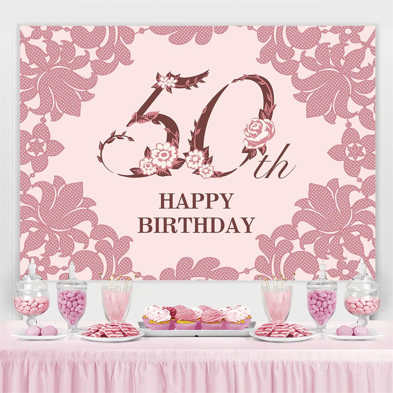 Personalized 50th Birthday Backdrops Floral Lace Backdrop BRP2-234