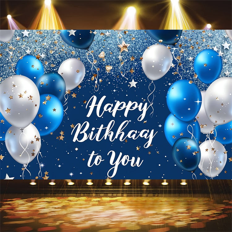 Personalised Backdrop For Birthday Blue White Balloon Glitter Backdrop BRP2-239