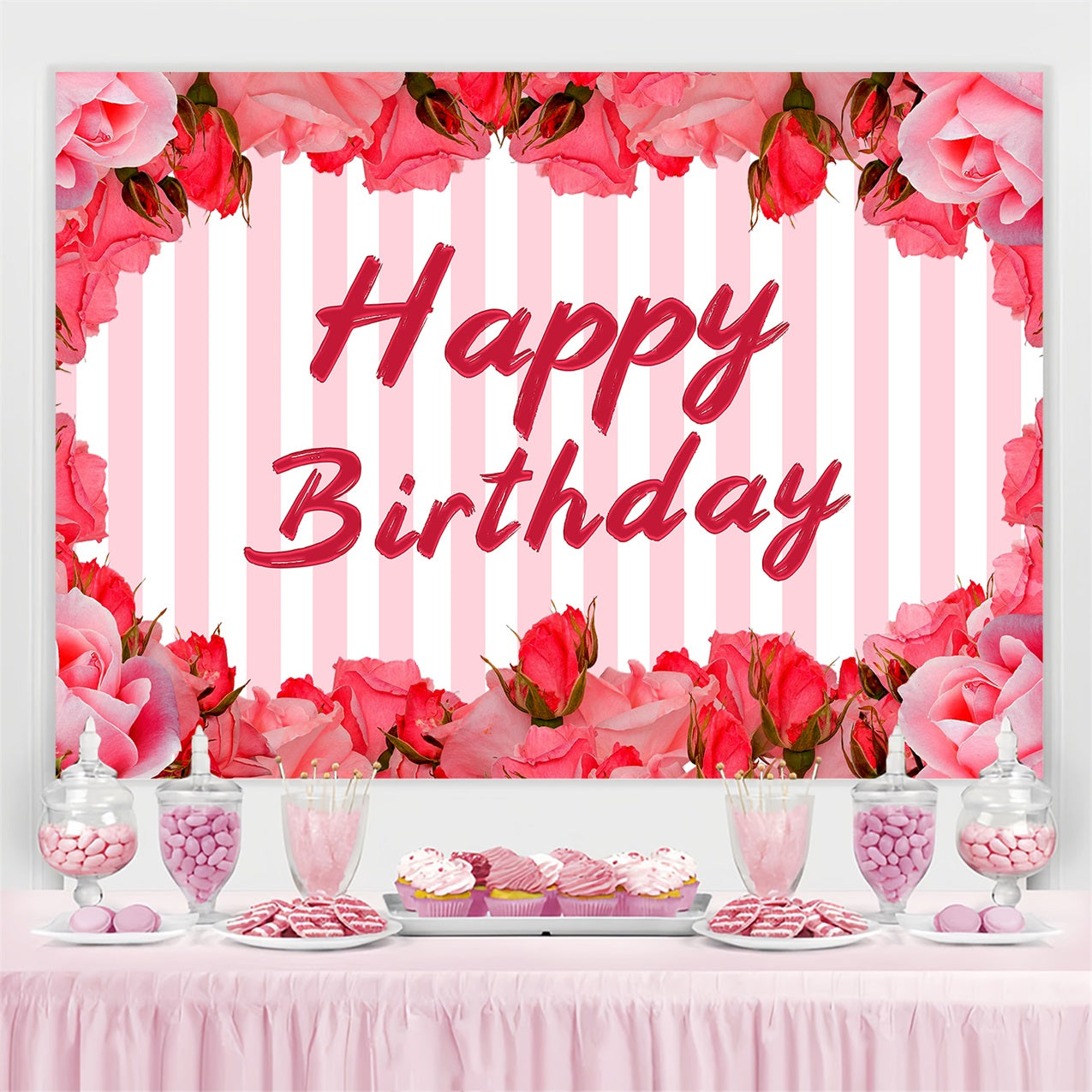 Custom Happy Birthday Backdrop Pink Rose Striped Backdrop BRP2-247