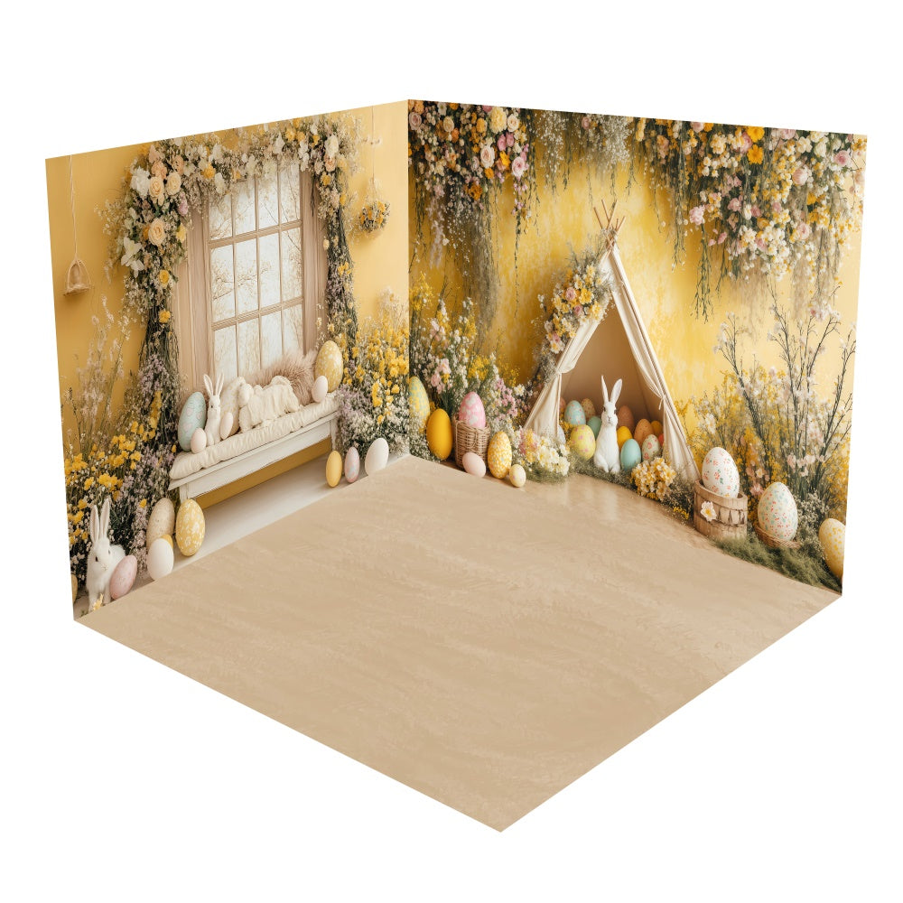 Soft Yellow Floral Bunny Cottage Backdrop Room Set BRP2-32