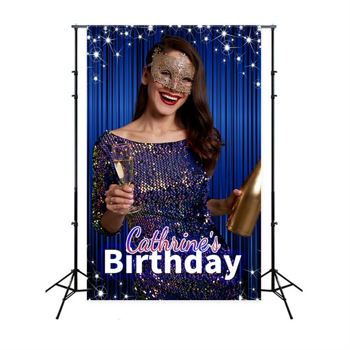 Personalized Birthday Backdrop Blue Sparkle Masquerade Backdrop BRP2-37