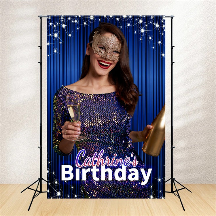 Personalized Birthday Backdrop Blue Sparkle Masquerade Backdrop BRP2-37