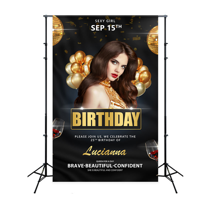 Custom Birthday Backdrops Black Gold Glam Balloon Backdrop BRP2-40