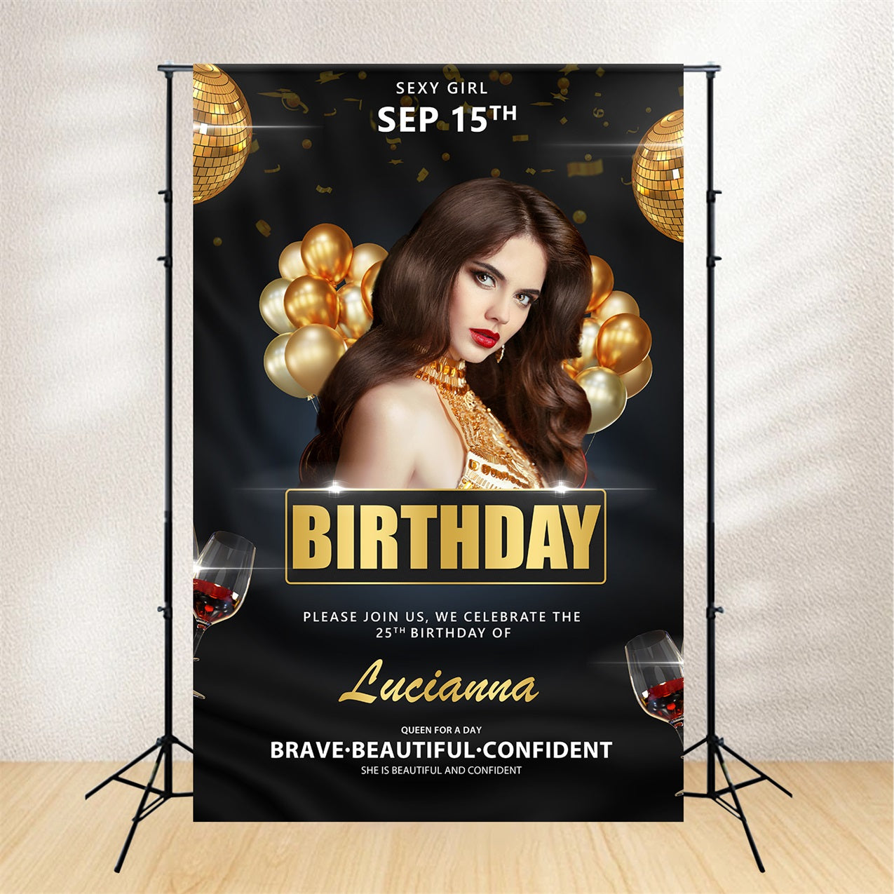 Custom Birthday Backdrops Black Gold Glam Balloon Backdrop BRP2-40