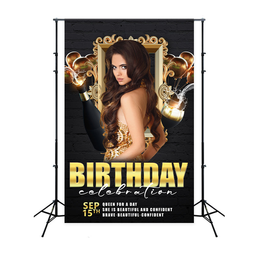 Customize Backdrop For Birthday Black Gold Champagne Balloon Backdrop BRP2-55