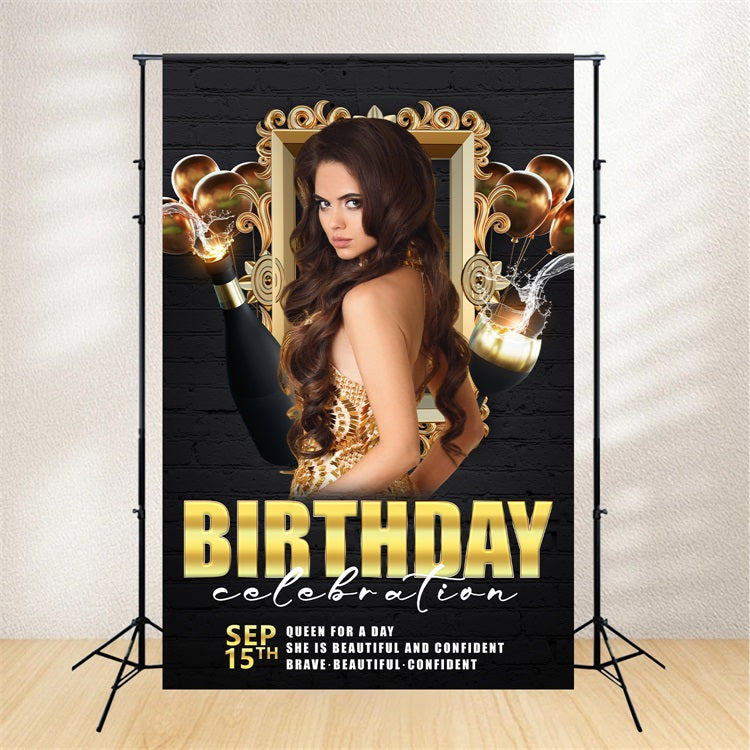 Customize Backdrop For Birthday Black Gold Champagne Balloon Backdrop BRP2-55