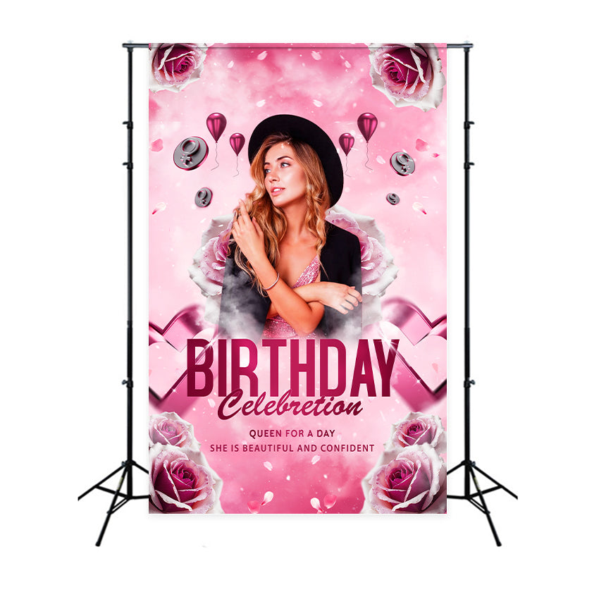 Custom Birthday Party Backdrop Pink Rose Balloons Celebration Backdrop BRP2-57