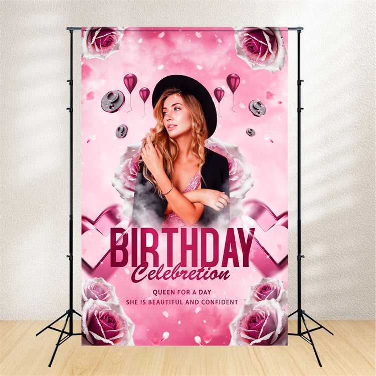 Custom Birthday Party Backdrop Pink Rose Balloons Celebration Backdrop BRP2-57