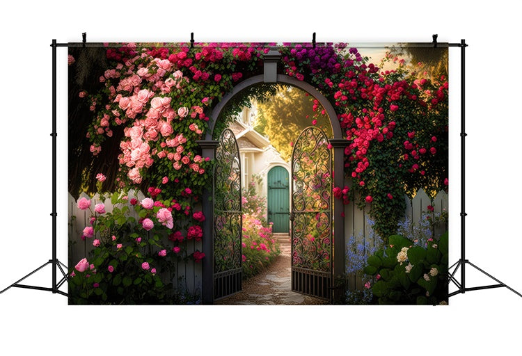 Floral Backdrop For Photography Garden Gate Blooming Rose Backdrop BRP2-87