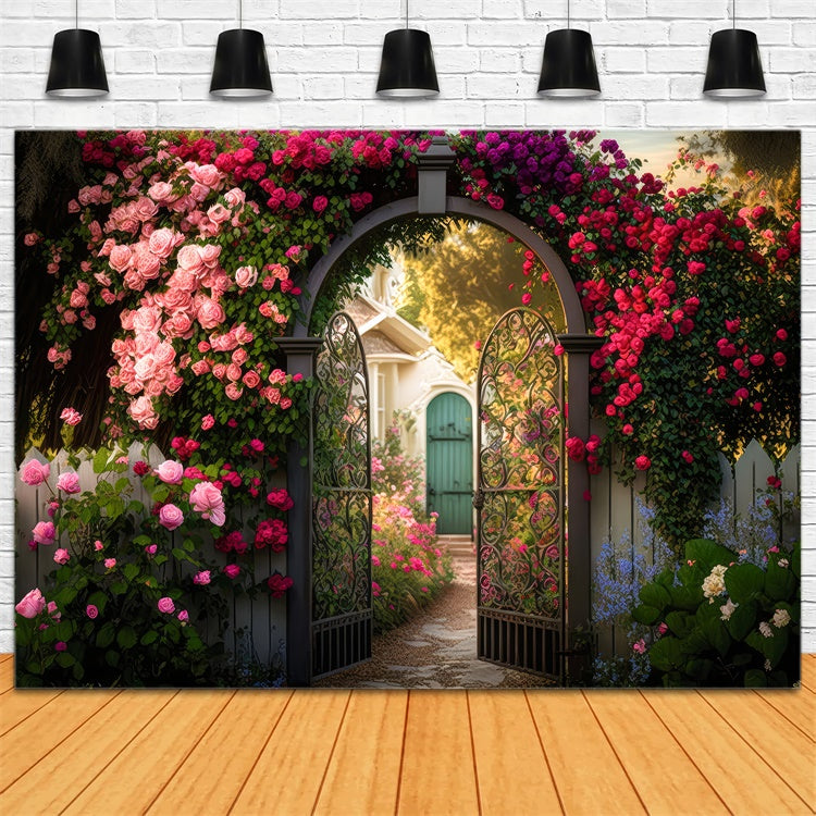 Floral Backdrop For Photography Garden Gate Blooming Rose Backdrop BRP2-87