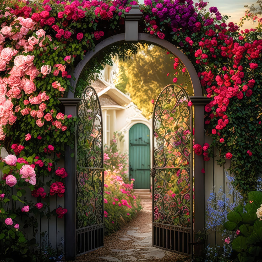 Floral Backdrop For Photography Garden Gate Blooming Rose Backdrop BRP2-87