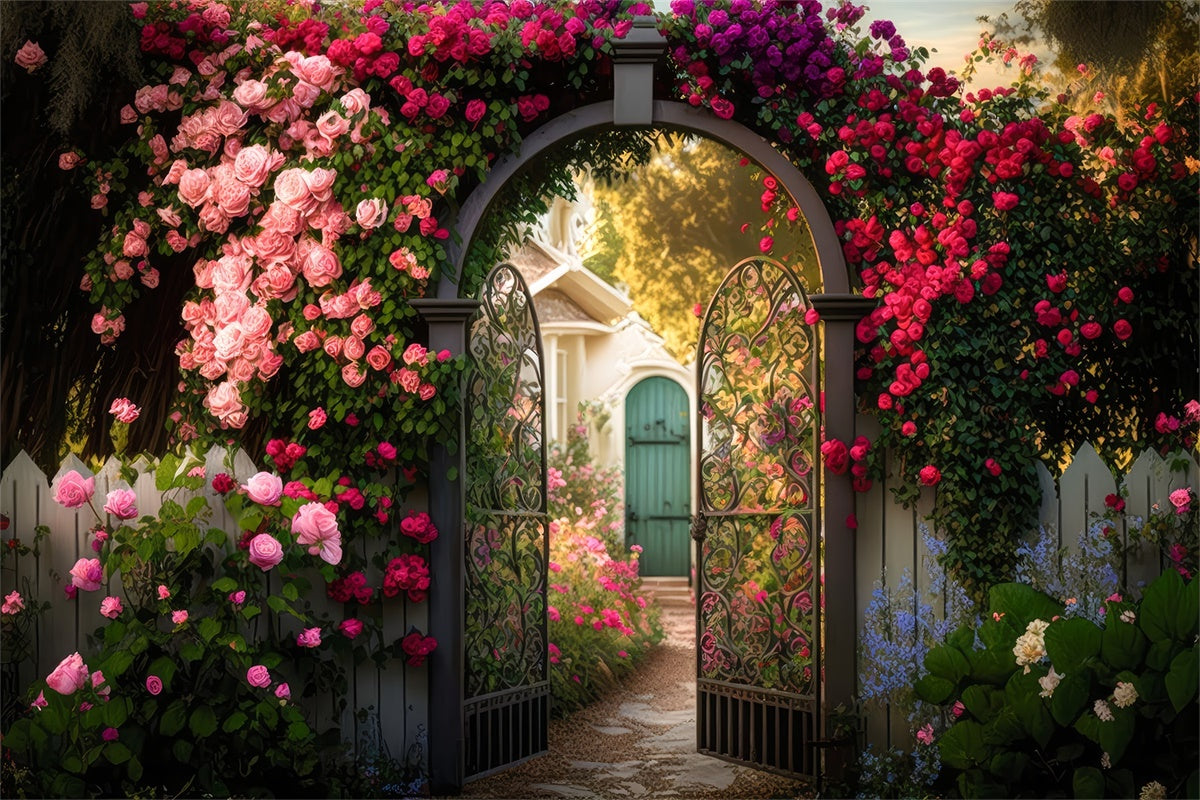 Floral Backdrop For Photography Garden Gate Blooming Rose Backdrop BRP2-87