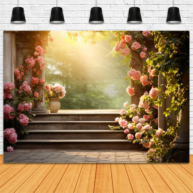 Floral Backdrop Photography Romantic Rose Garden Steps Backdrop BRP2-91