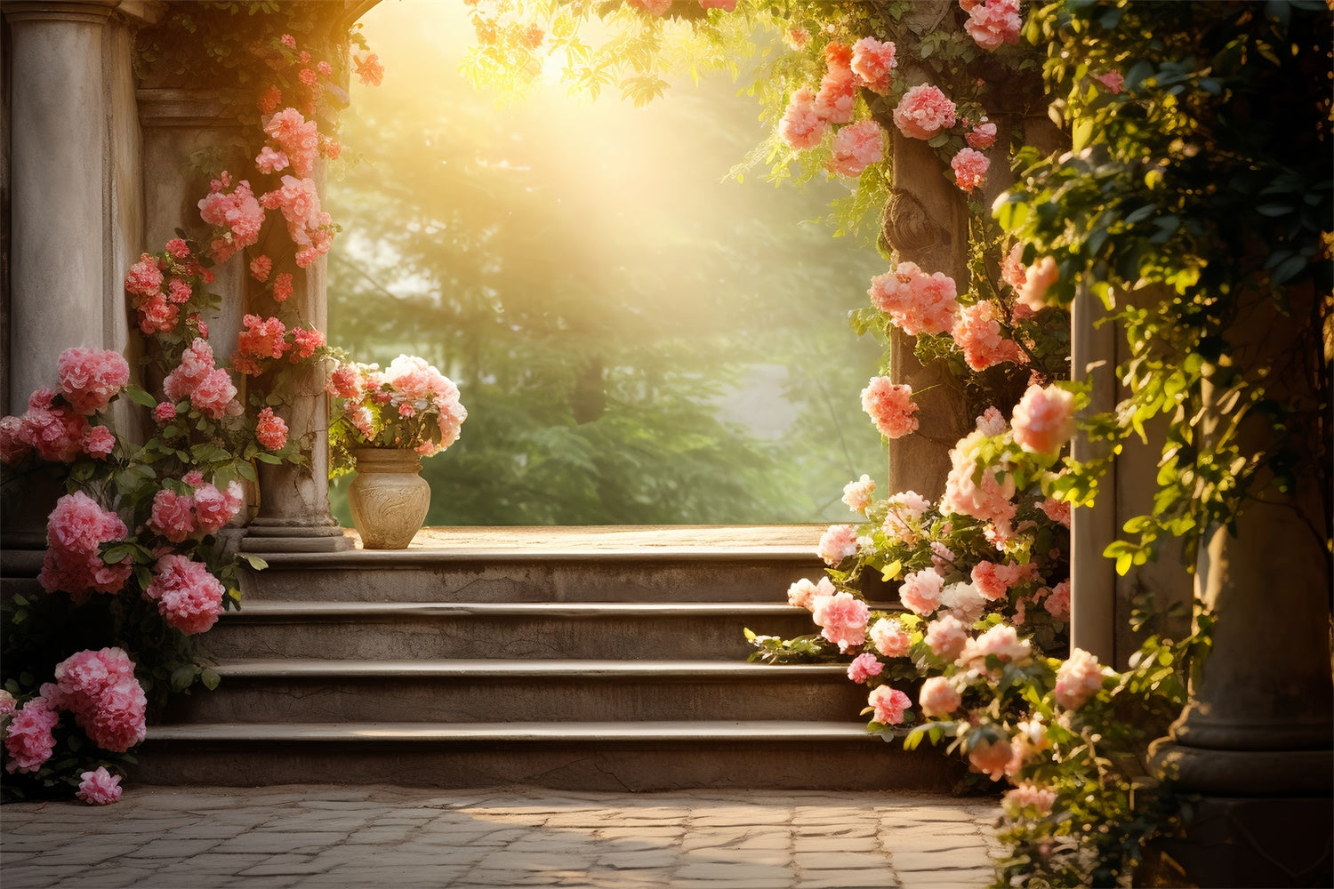 Floral Backdrop Photography Romantic Rose Garden Steps Backdrop BRP2-91