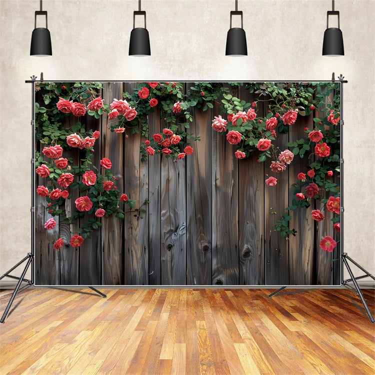 Flower Backdrop Photography Blooming Red Roses Fence Backdrop BRP2-93