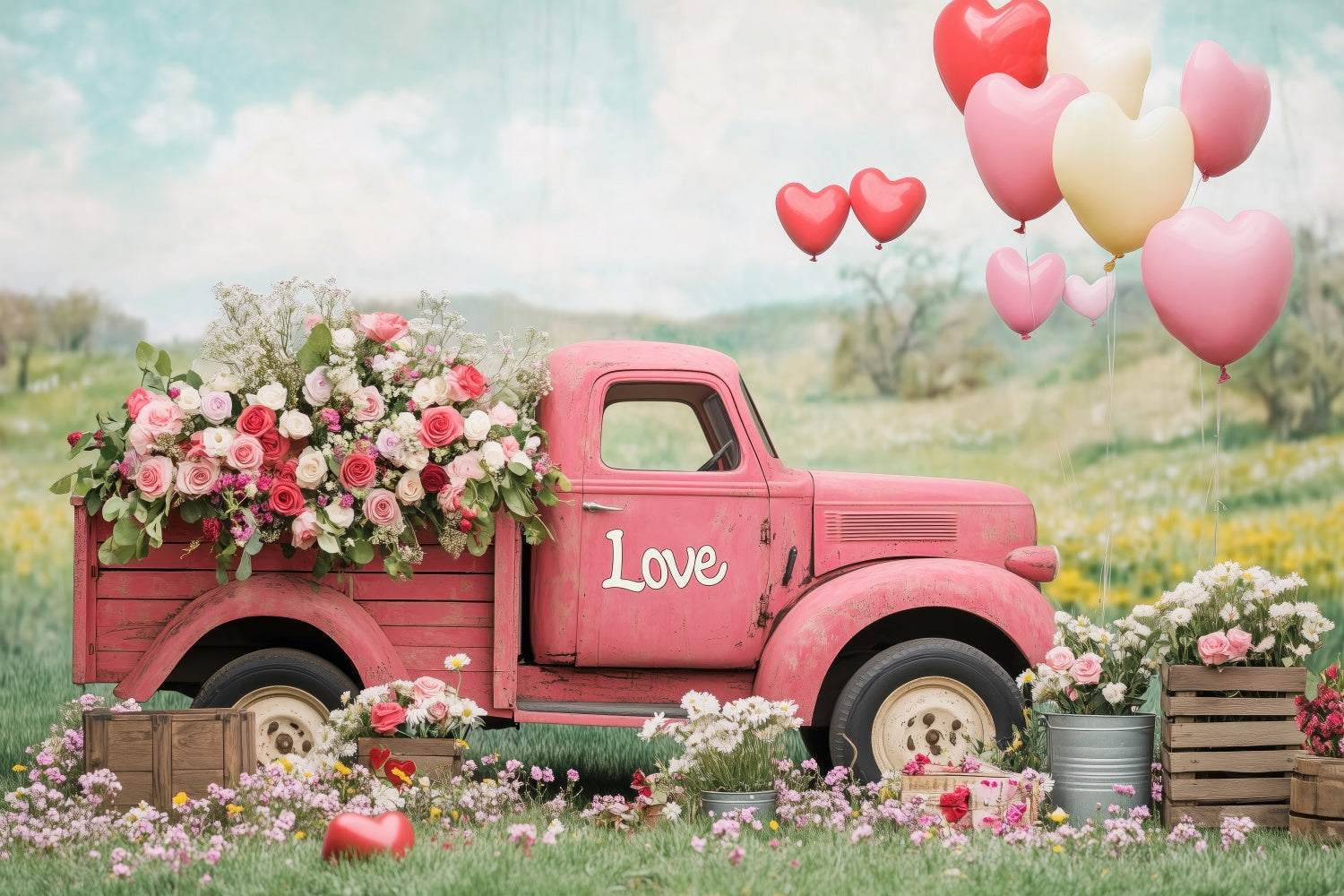 Flower Photography Backdrop Vintage Truck Rose Balloon Backdrop BRP2-96