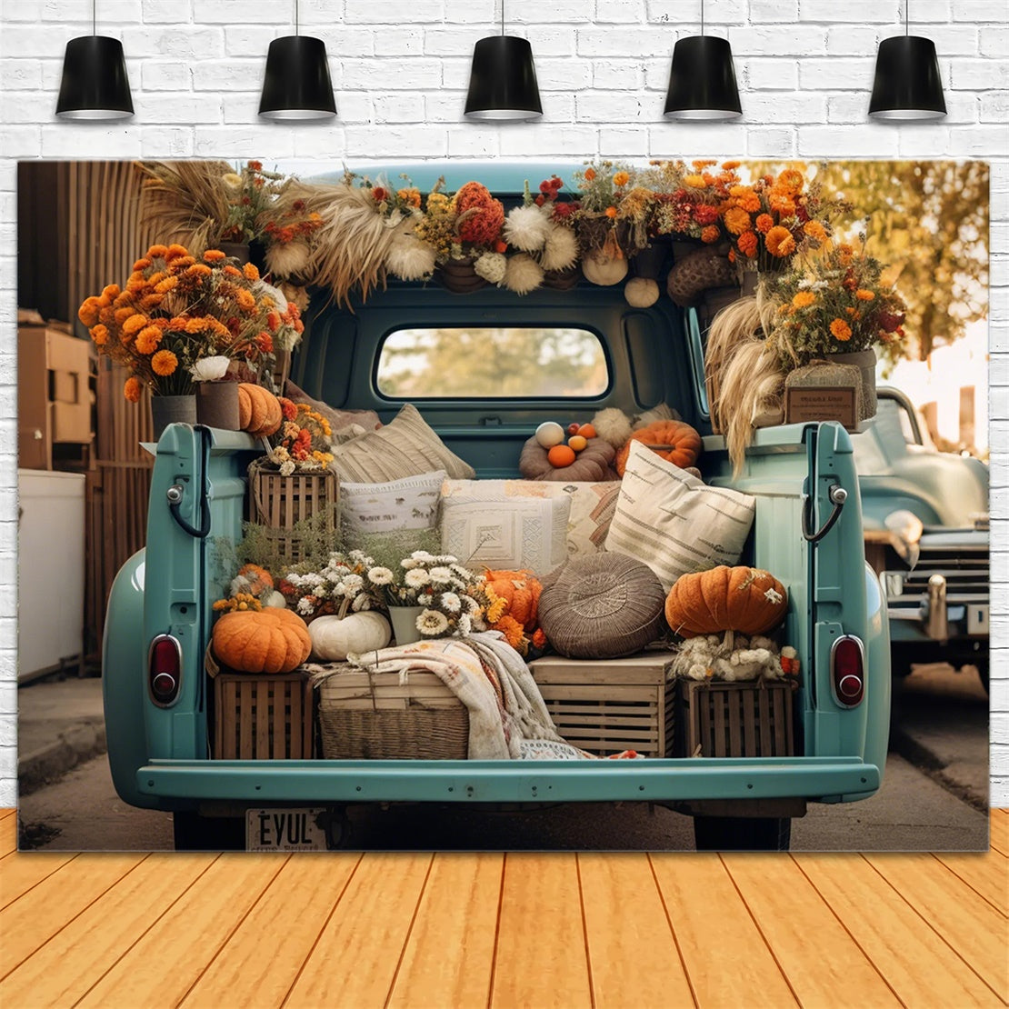 Autumn Forest Leaf Pumpkin Blue Truck Backdrop BRP7-101