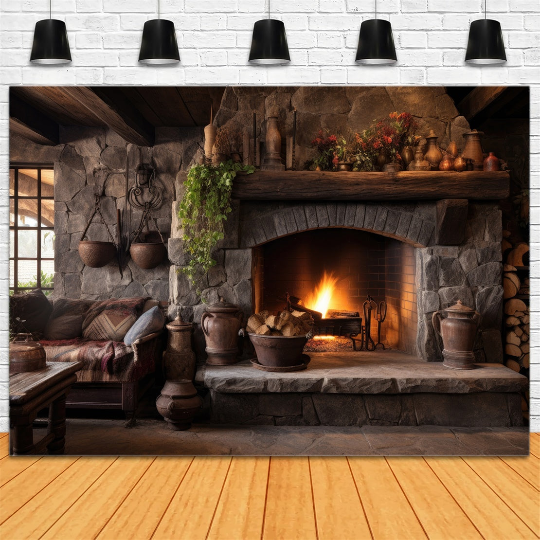 Autumn Fireplace Room Desk Photography Backdrop BRP7-103