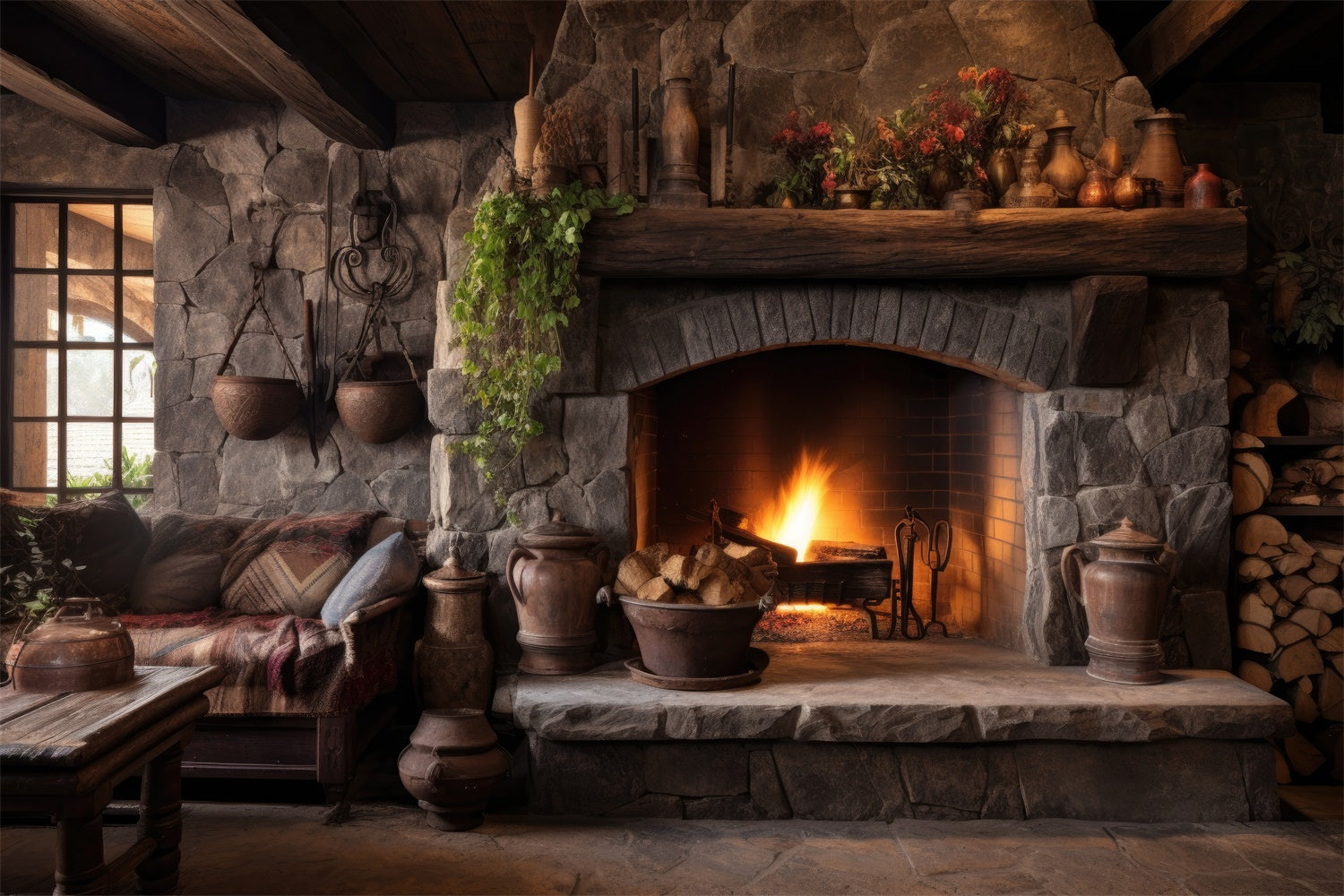 Autumn Fireplace Room Desk Photography Backdrop BRP7-103