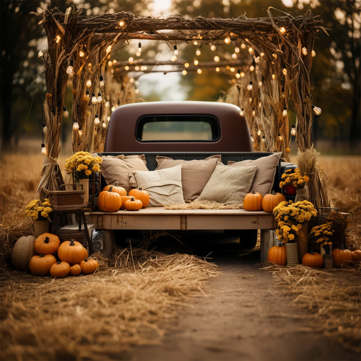 Autumn Light Flower Pumpkin Pillow Truck Backdrop BRP7-105