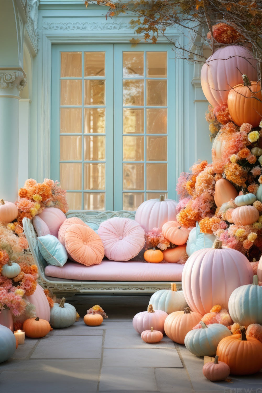 Autumn Colorful Pumpkin Flower Sofa Photography Backdrop BRP7-106