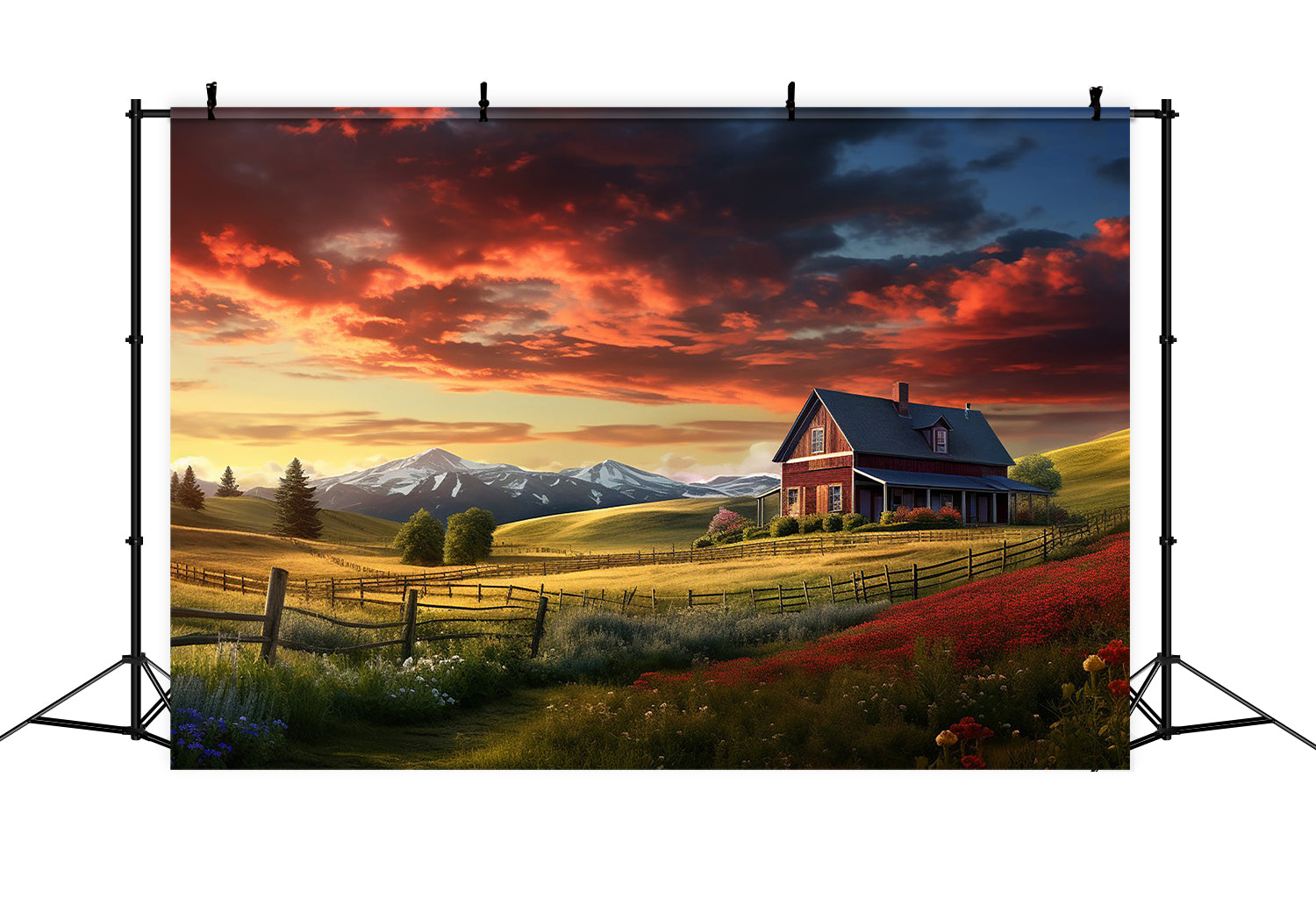 Sunset Red House Farm Autumn Photography Backdrop BRP7-108