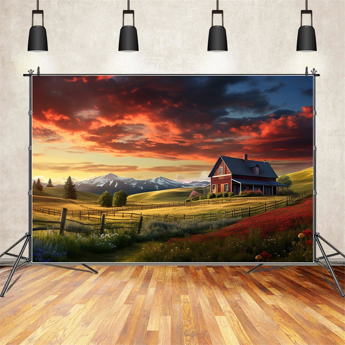 Sunset Red House Farm Autumn Photography Backdrop BRP7-108