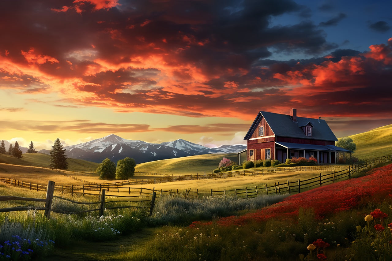 Sunset Red House Farm Autumn Photography Backdrop BRP7-108