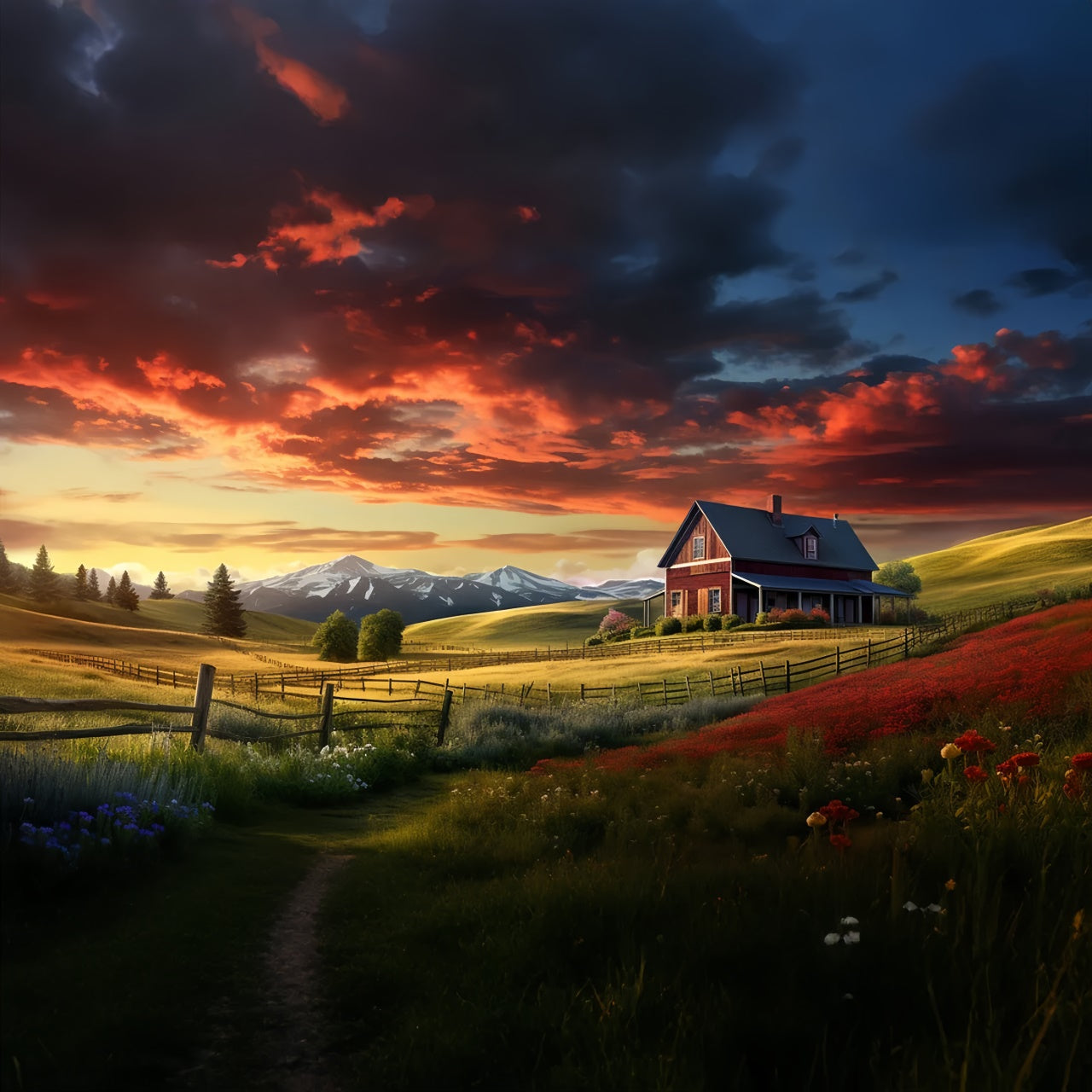 Sunset Red House Farm Autumn Photography Backdrop BRP7-108